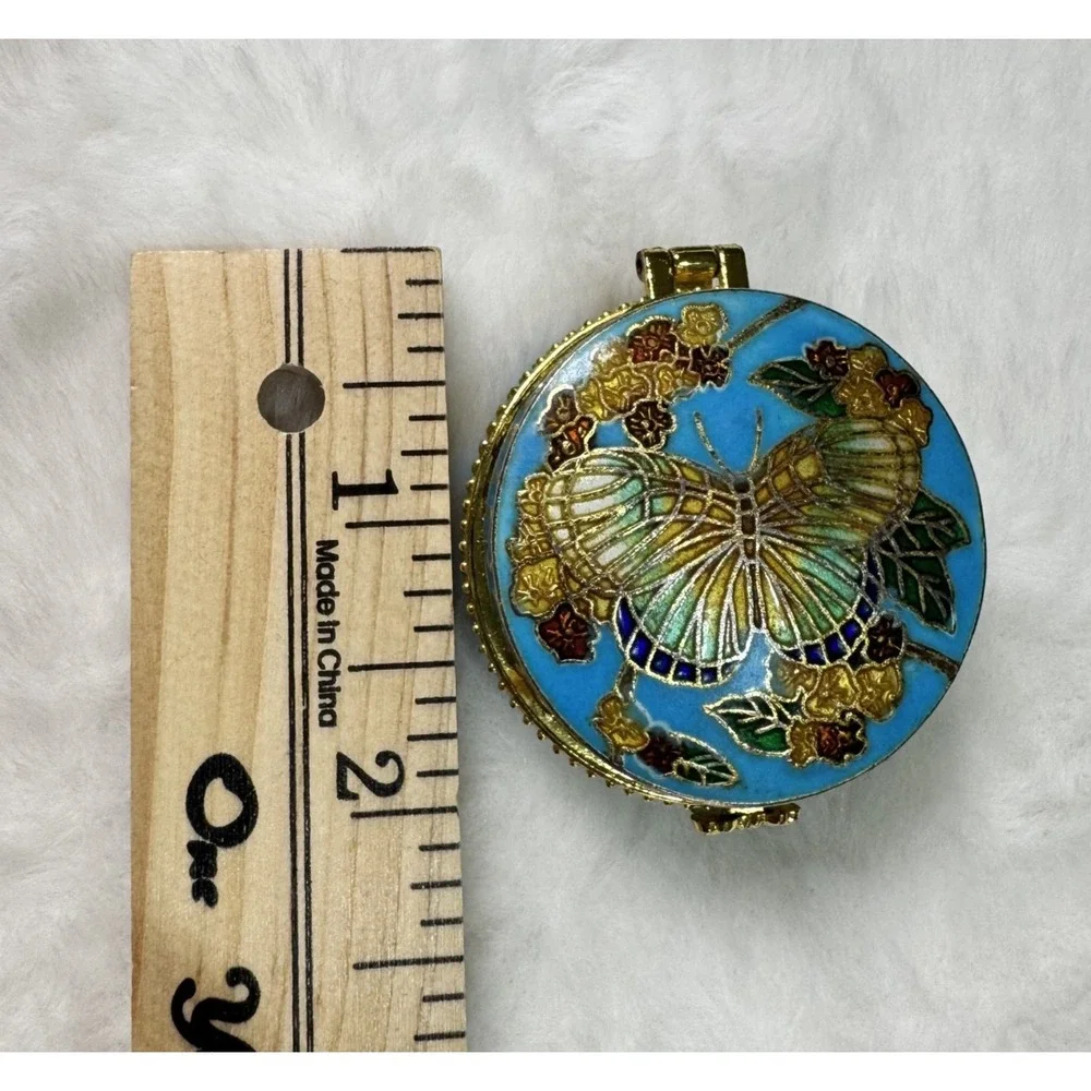Vintage Butterfly Cloisonne Pill Box Hinged Floral Blue Fairy Cottage